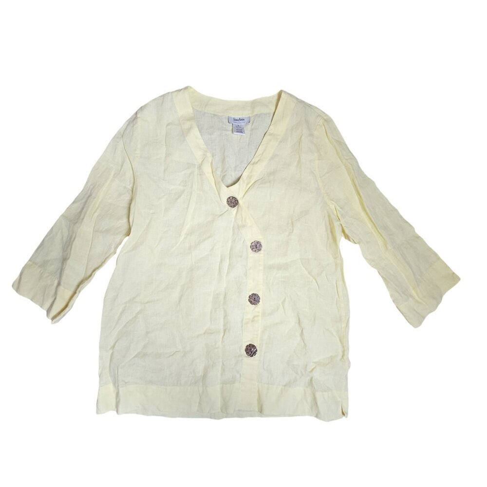 Neiman Marcus Exclusive 100% Linen Blouse Top Asymmetric Wooden Buttons Womens M
